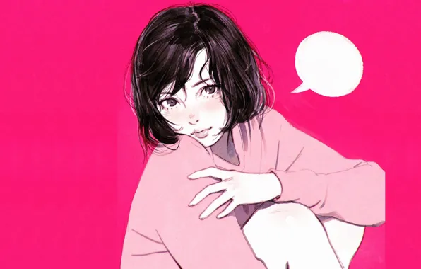 Picture portrait of a girl, pink background, sweater, knees, haircut, Kuvshinov Ilya