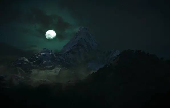 Clouds, trees, mountains, night, rendering, the moon