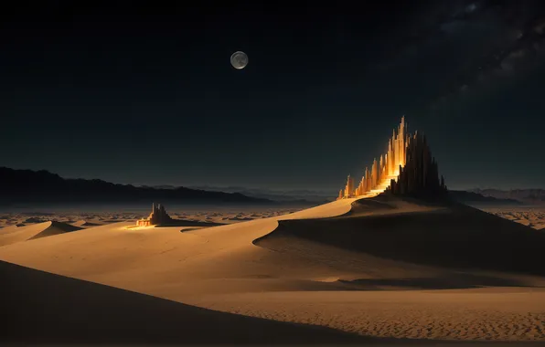 Night, the moon, Desert, temple, Sands, the night sky, digital art, AI art