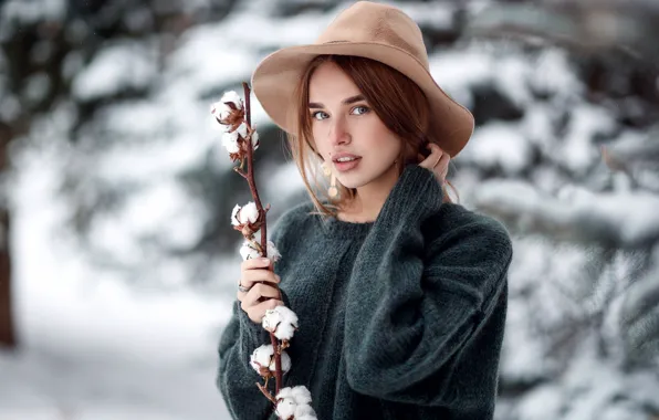 Winter, look, snow, Girl, branch, hat, sweater, Sergey Sorokin