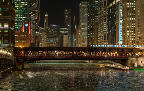 Winter, night, bridge, lights, river, train, home, ice