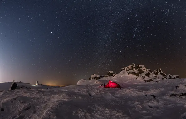 Winter, the sky, stars, snow, night, stones, tent