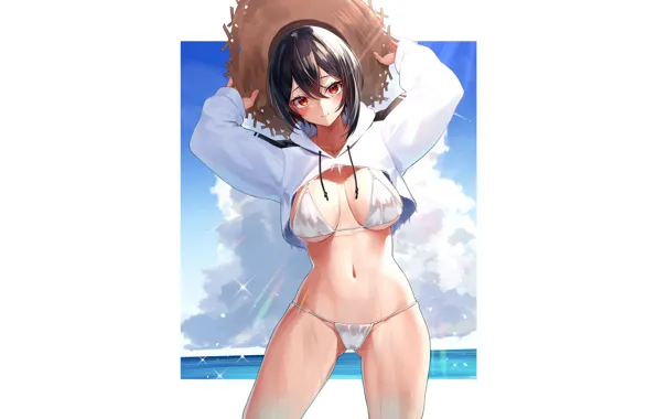 Girl, sexy, sea, ocean, hat, boobs, anime, pretty