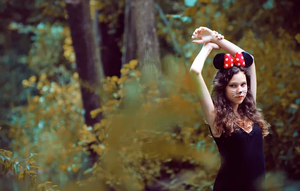 Picture forest, look, girl, brown hair, bow, ears