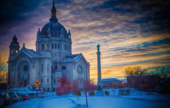 Winter, the sky, clouds, snow, trees, landscape, sunset, monument