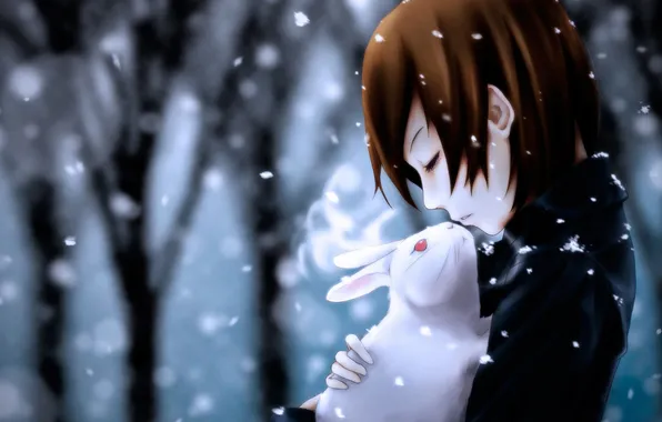 Winter, trees, rabbit, vocaloid, silhouettes, meiko