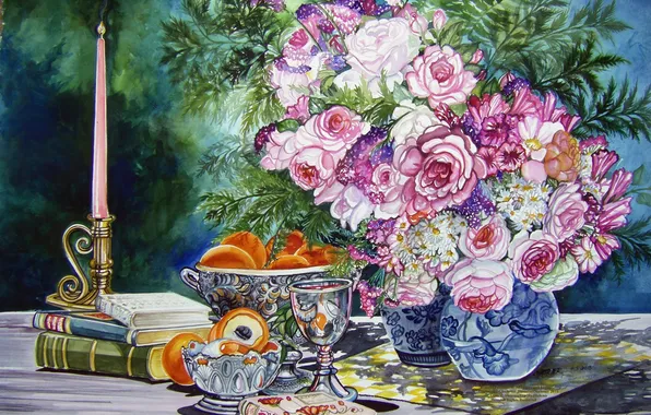Picture flowers, table, books, candle, bouquet, vase, fruit, painting