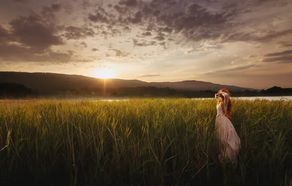 The sky, girl, landscape, nature, romance, dal, dress, long hair