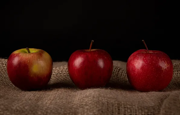 Apples, food, red, three, fruit, black background, still life, trio