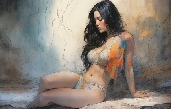 Chest, look, girl, light, face, cracked, wall, feet