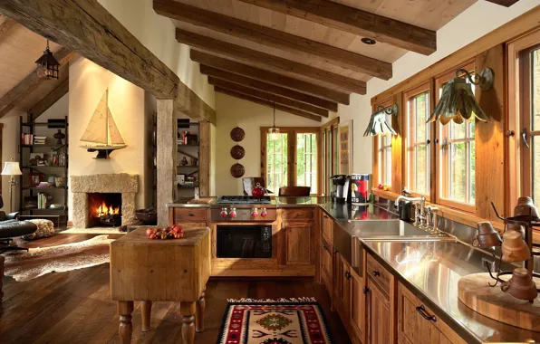 Picture interior, kitchen, fireplace, living room