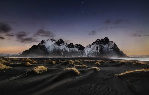 Beach, the sky, stars, mountains, night, Iceland