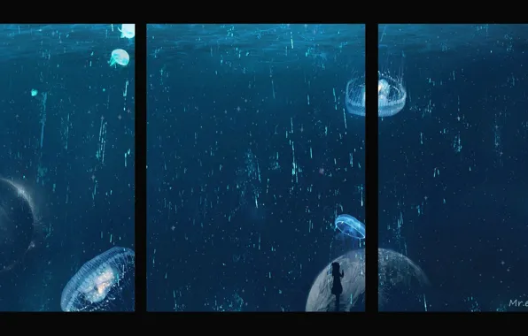 Aquarium, jellyfish, girl, in the dark, air bubbles, aquarium