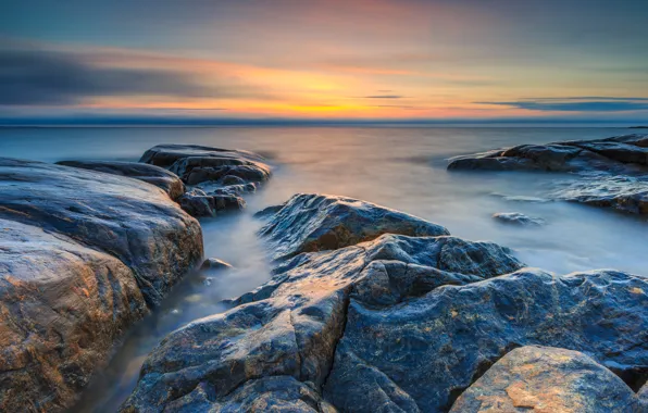 Picture sea, the sky, stones, dawn, shore, horizon