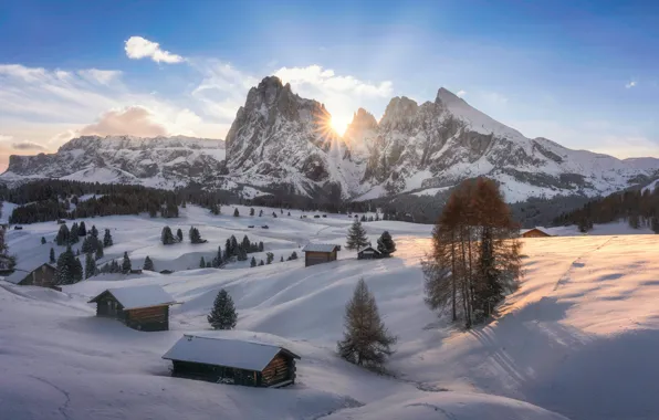 Winter, snow, mountains, valley, village, Italy, houses, Italy