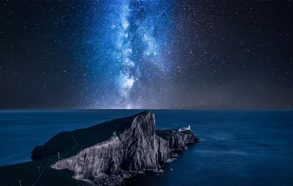 Sea, stars, Scotland, The Milky Way, Isle of Skye, lighthouse Neist Point