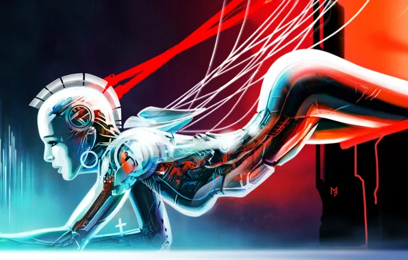 Girl, abstraction, wire, robot, art, Android, Mohawk