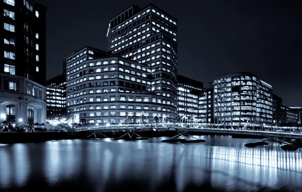 Picture light, night, bridge, the city, lights, house, river, Windows