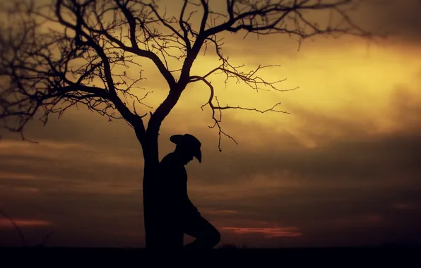 TREE, TRUNK, HORIZON, The SKY, HAT, MALE, SUNSET, CLOUDS