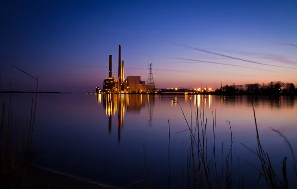 Landscape, night, lake, station