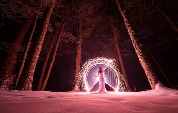 Winter, forest, girl, light, snow, trees, landscape, night