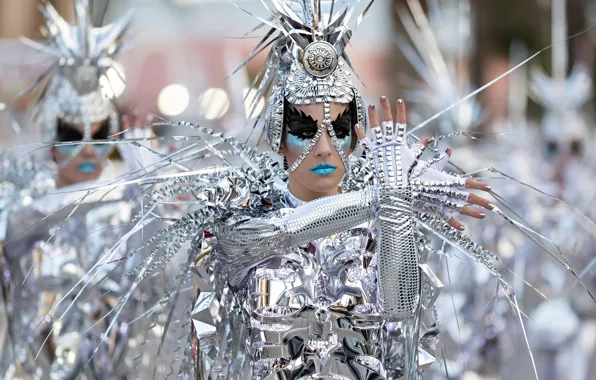 Girl, style, silver, Shine, makeup, fantasy, spikes, costume