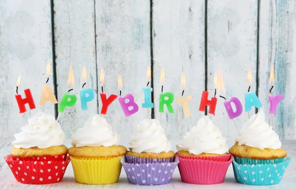 Picture birthday, candles, colorful, cream, Happy Birthday, cupcakes, candles, cupcakes