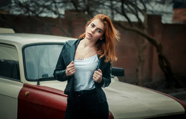 Machine, auto, look, girl, pose, red, redhead, Muscovite