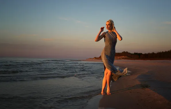 Sand, sea, beach, the sky, the sun, pose, model, portrait