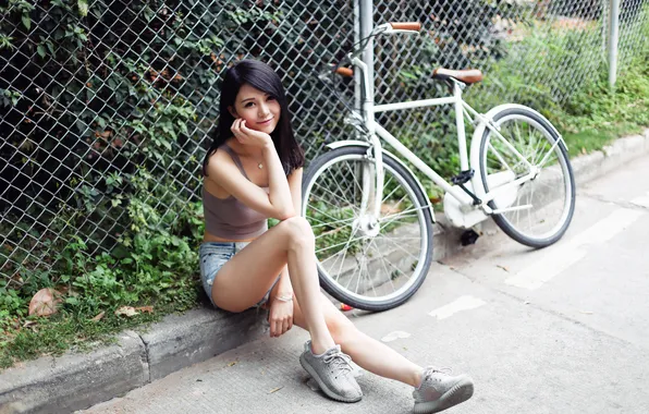 Look, bike, pose, model, the fence, shorts, portrait, makeup