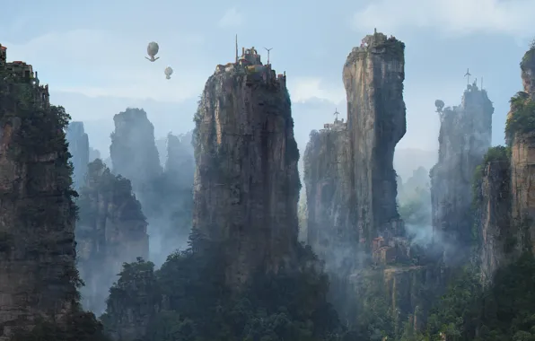 Forest, rocks, settlement, Mountain village.