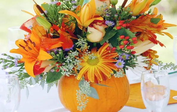 Picture flowers, Lily, glass, bouquet, pumpkin, still life