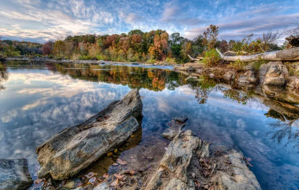 Picture autumn, the sky, clouds, trees, lake, stones