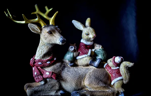 The dark background, owl, toys, deer, rabbit, protein, animals, Christmas