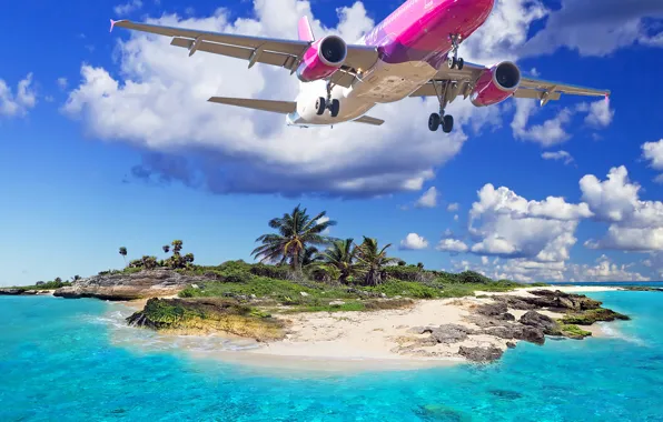 Sea, beach, tropics, The plane, beach, sea, tropics, flying over the island