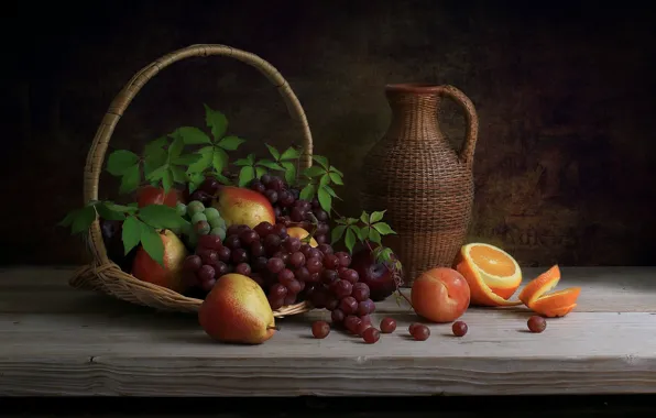 Orange, grapes, pitcher, still life, basket, pear