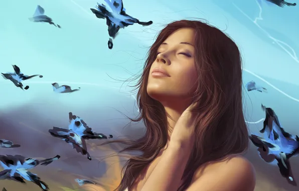 The sky, girl, butterfly, dreams, Art