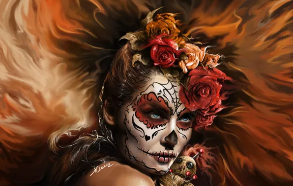 Look, girl, flowers, face, art, day of the dead