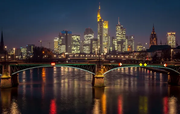 Night, bridge, lights, river, home, Germany, lights, Frankfurt