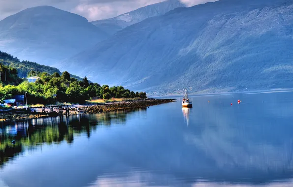 Road, the sky, clouds, trees, mountains, lake, ship, Bui