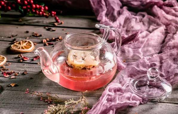Glass, table, pink, tea, Board, oranges, petals, kettle