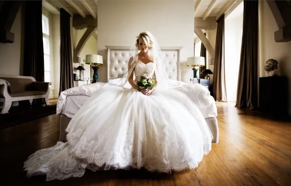 Picture girl, room, bouquet, dress, the bride, Florian Weiler