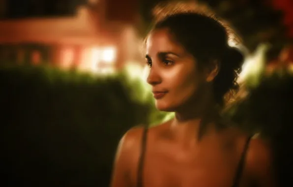 Girl, brunette, lights, light, girl, night, art, beautiful