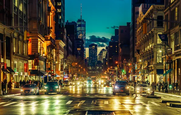 Picture machine, night, the city, lights, street, people, building
