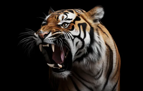 Face, tiger, grin, black background, digital art, AI art, neural network, the art of artificial …
