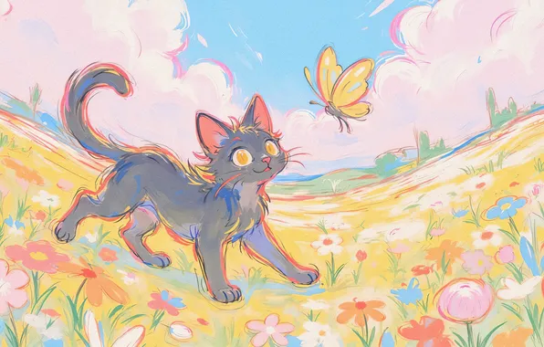 Field, cat, summer, the sky, cat, look, clouds, flowers