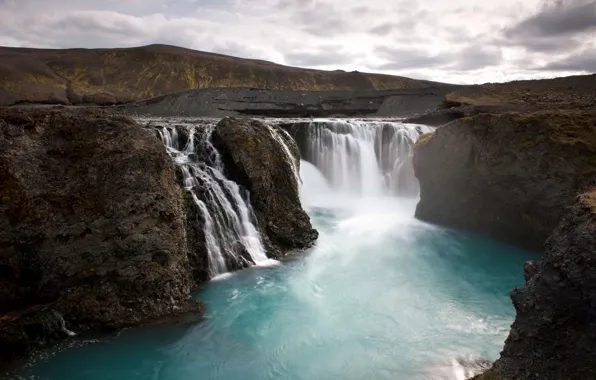 Waterfall, gorge, Iceland, lake nature