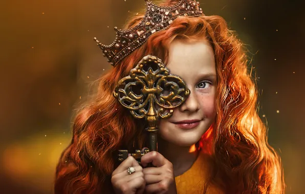 Background, crown, key, girl, red, Princess, redhead, Ksenia Lysenkova