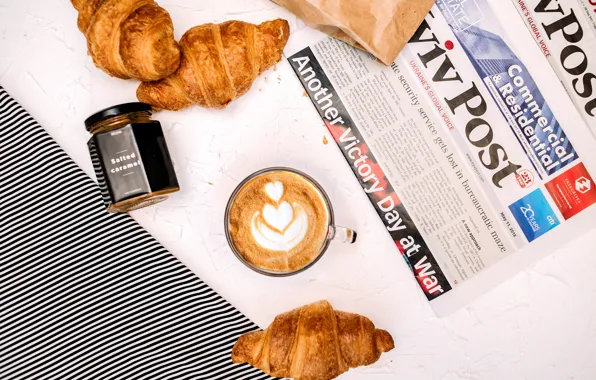 Strips, coffee, newspaper, caramel, croissant, croissants, predmeta