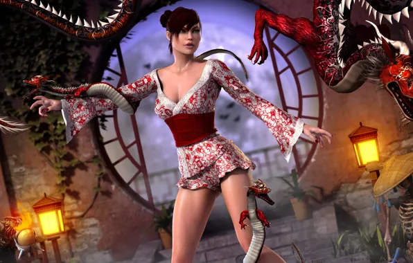 Girl, dragon, snake, hat, art, skeleton